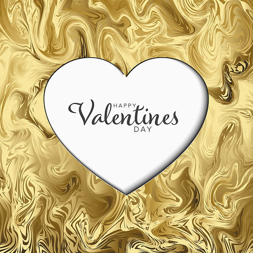 Golden Happy Valentines day card template - white heart shape cut from golden abstract metallic background pattern - concept illustration with Happy Valentines day text