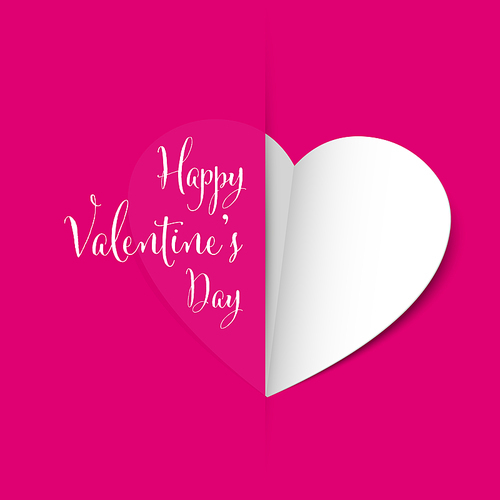 Pink Happy Valentines day card template - white paper folded heart shape concept illustration on a pink  background with Happy Valentines day text