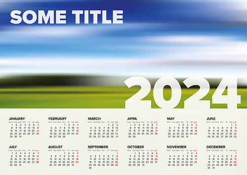 Vector white calendar layout template for the year 2024 (weeks strart monday) with place for your photo. Light template with all calendar months - simple 2024 minimalistic calendar template