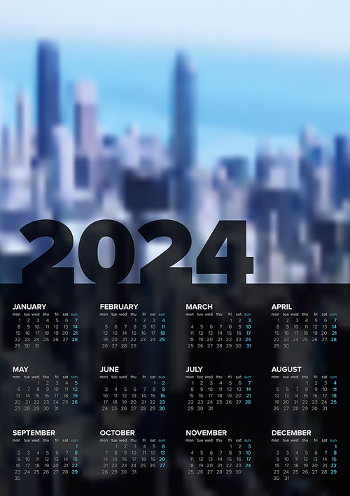 Vector black vertical calendar layout template for the year 2024 (weeks strart monday) with place for your photo. Dark template with all calendar months - simple minimalistic calendar template for 2024