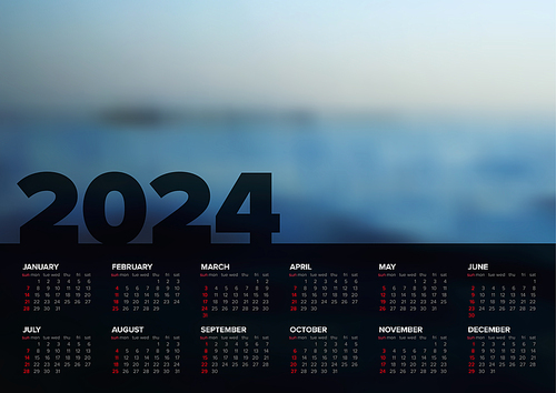 Vector black vertical calendar layout template for the year 2024 (weeks strart monday) with place for your photo. Dark template with all calendar months - simple minimalistic calendar template
