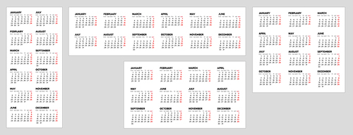 Collection of vector white calendar layout templates for the year 2024 (weeks starts on monday). Four layout versions of light template with all calendar months - simple minimalistic calendar template