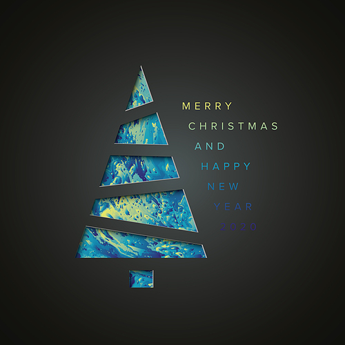 Vector Merry Christmas card with a  frsh minimalistic tree cut of  from paper and nice modern abstract blue and green color background. Fresh original Christmas card