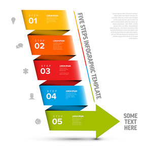 Colorful five progress steps template made from big arrow with descriptions and icons. Simple folded diagonal paper stripe arrow infographic template with five blocks and icons on light background