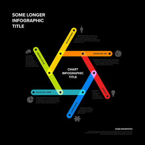 Minimalistic vector thick line six elements in hrxagon shapetemplate on black background. Multipurpose infographic template with descriptions, icons, thick color  big numbers for aeach step of the procedure process