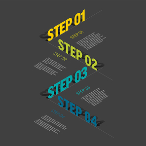 Vector Infographic vertical steps diagram template for workflow, business schema or procedure diagram - dark version with four big isometry texts. Progress steps with titles descriptions and icons