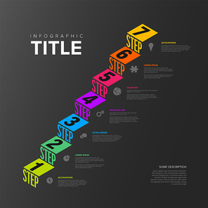 Vector Infographic long seven steps diagram template for workflow, business schema or procedure diagram - dark version with icons and isometry texts. Progress steps template