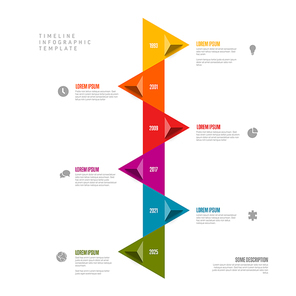 Simple light multipurpose vertical infographic timeline template with triangle arrows and six milestones with icons and descriptions. Modern time line template