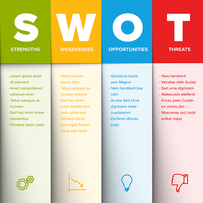 Color SWOT diagram schema template for your analysis - just rewrite the content in the light columns. Ready to print template