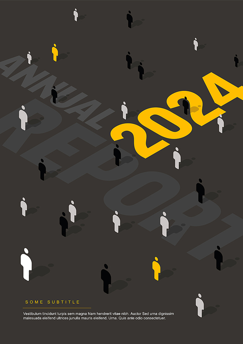 A corporate dark annual report cover featuring isometric figures scattered across a dark background with large typography. The abstract design suggests business, diversity, and data representation.