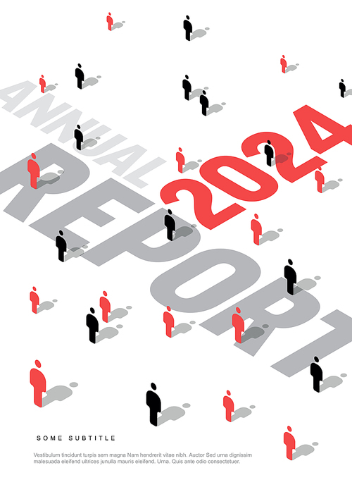 A corporate light annual report cover featuring isometric figures scattered across a white background with large typography. The abstract design suggests business, diversity, and data representation.