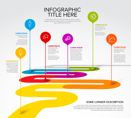 Colorful vector infographic timeline report template with six circle droplet bubbles pins on simple curved road timeline - light version with six pins title and infographic description