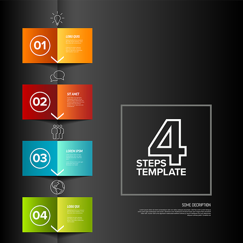 Vector four simple colorful folded paper steps progress template with descriptions and icons. Vertical set od folded papers as four steps of procedure on dark folded paper