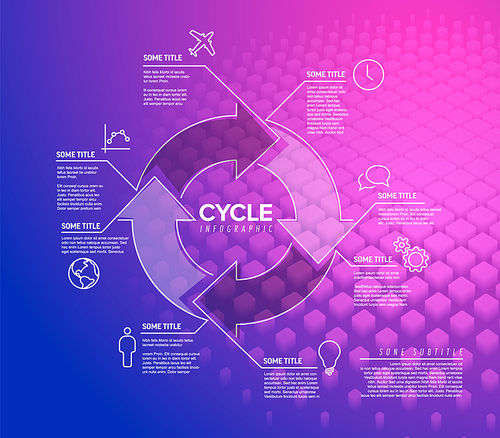 Vector Infographic blueprint report template made from lines and icons with big cycle icon on abstract purple background photo placeholder