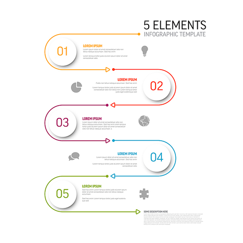 Vector light Infographic template with white circle step cards, icons and descriptions. Simple minimalistic multipurpose infochart template with five step elements and color border line