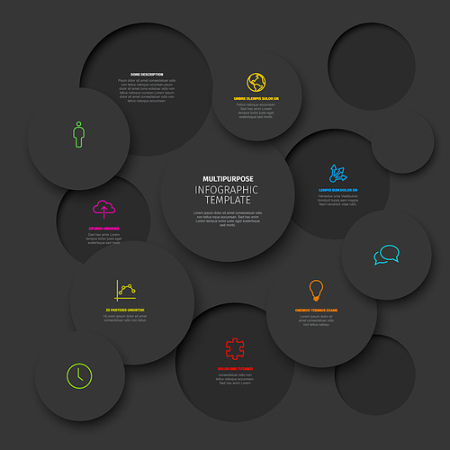 Vector Minimalist dark infographic report template with circle  mosaic filled with various information, icons and numbers. Simple 3d realistic circle mosaic pattern template