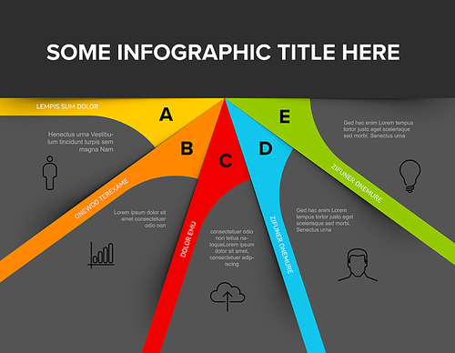 Vector multipurpose Infographic template with five elements, description, big letters and icons on fan dark papers with color center and footer. Simple dark infographic template