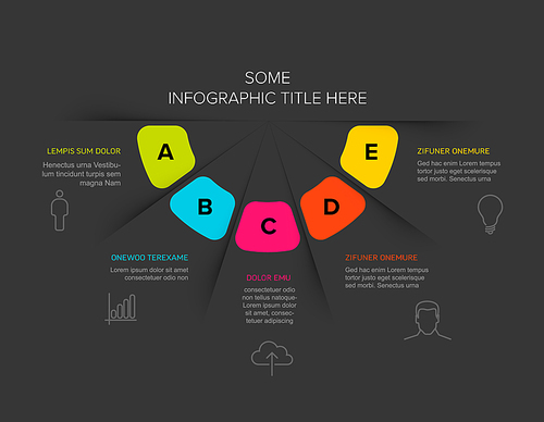Vector multipurpose Infographic template with five elements, description, big letters and icons on fan dark gray papers with color center and footer. Simple dark infographic template