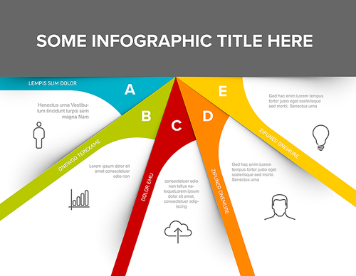 Vector multipurpose Infographic template with five elements, description, big letters and icons on fan white papers with color center and footer. Simple light infographic template