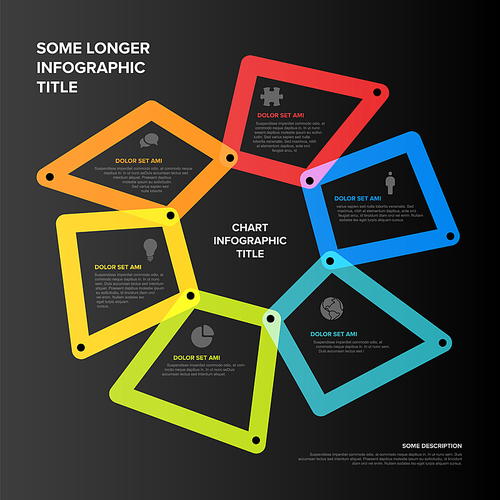 Multipurpose infographic template made of thick line color polygons. Infochart chema diagram template for various text elements and icons on dark background.