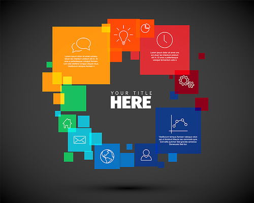 Vector circle cycle diagram infographic template made of various descriptive rainbow color square blocks with icons and description on dark background. Multipurpose infographic template