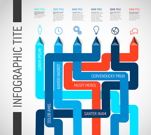 Vector light multipurpose Infographic template with blue red elements options and thick lines. Multipurpose Infochart with modern colors lines icons and pyramid triangle arrows pointing on one direction.