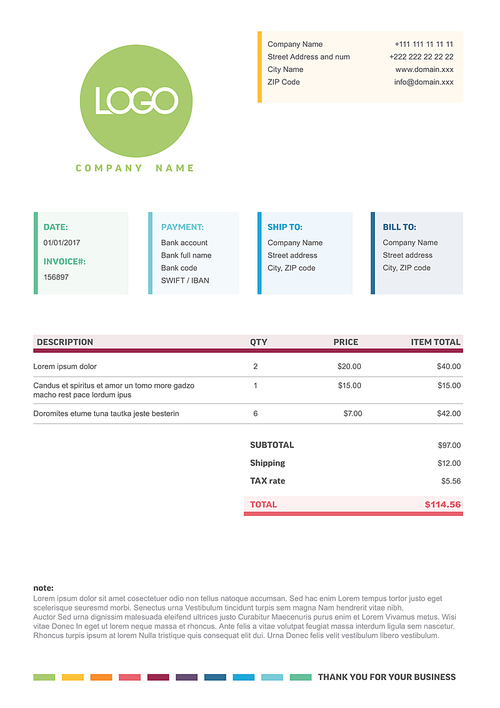 Vector minimalist invoice template design for your business / company - minimalistic simple color version with blocks for address product list and other information