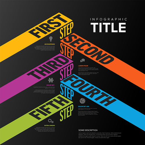 Vector dark Infographic steps diagram template for workflow, business schema or procedure diagram - dark version with icons and isometry texts. Progress steps with titles descriptions and icons