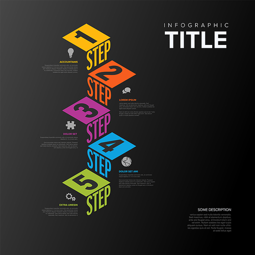 Vector Infographic vertical steps diagram template for workflow, business schema or procedure diagram - dark version with icons and isometry texts. Progress steps with titles descriptions and icons