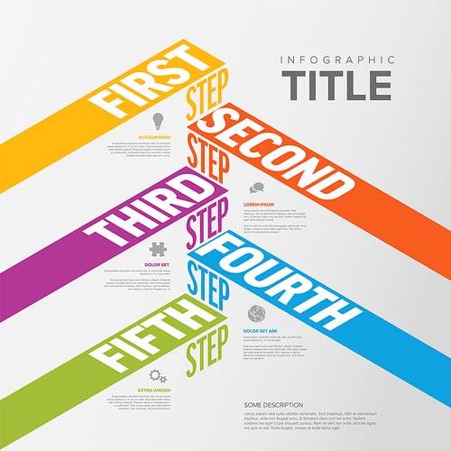 Vector light Infographic steps diagram template for workflow, business schema or procedure diagram - light version with icons and isometry texts. Progress steps with titles descriptions and icons