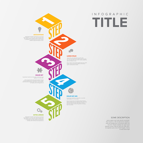 Vector Infographic vertical steps diagram template for workflow, business schema or procedure diagram - light version with icons and isometry texts. Progress steps with titles descriptions and icons