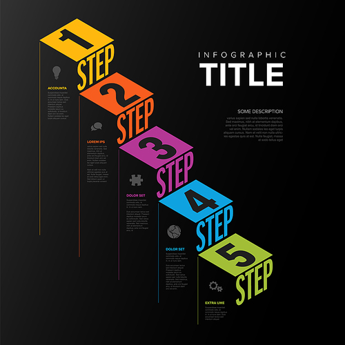 Vector dark Infographic steps diagram template for workflow, business schema or procedure diagram - dark version with icons and isometry texts. Progress steps with titles descriptions and icons