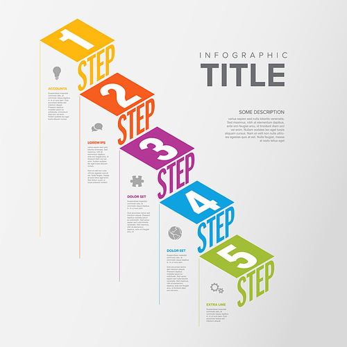 Vector Infographic steps diagram template for workflow, business schema or procedure diagram - light version with icons and isometry texts. Progress steps with titles descriptions and icons