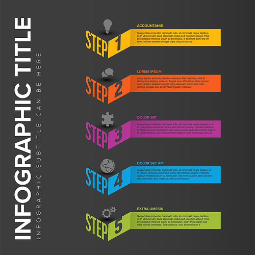 Vector Infographic steps diagram template for workflow, business schema or procedure diagram - dark  version with stripes icons and isometry texts. Progress steps with titles descriptions and icons