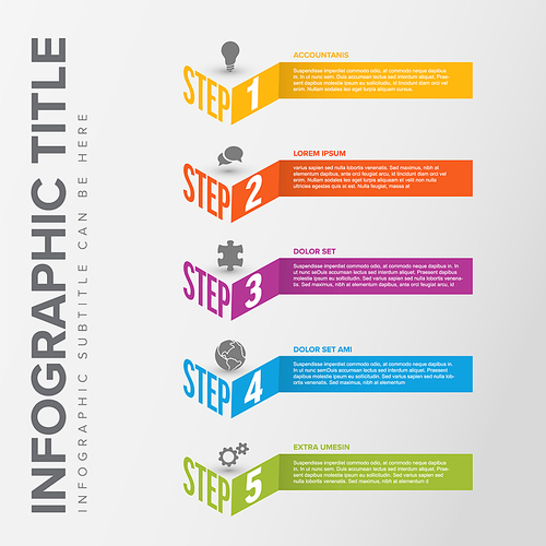 Vector Infographic steps diagram template for workflow, business schema or procedure diagram - light version with stripes icons and isometry texts. Progress steps with titles descriptions and icons