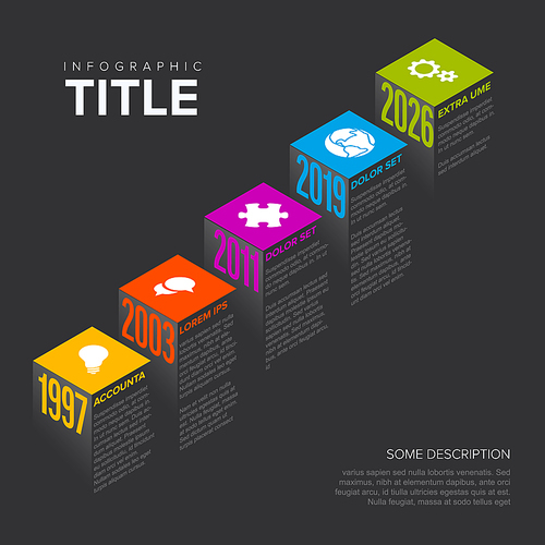 Vector Infographic steps diagram template for workflow, business schema or procedure diagram - dark  version with icons and isometry texts. Progress steps with titles descriptions and icons