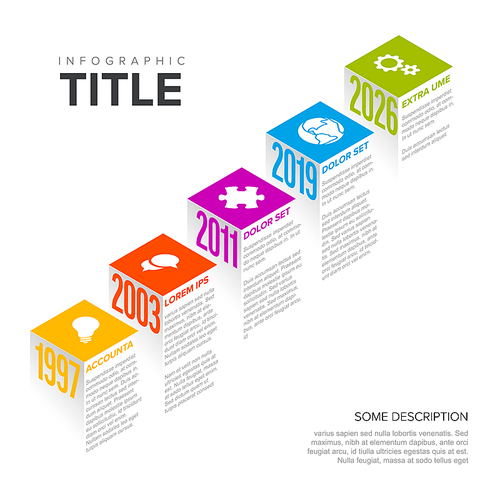 Vector Infographic steps diagram template for workflow, business schema or procedure diagram - light version with icons and isometry texts. Progress steps with titles descriptions and icons