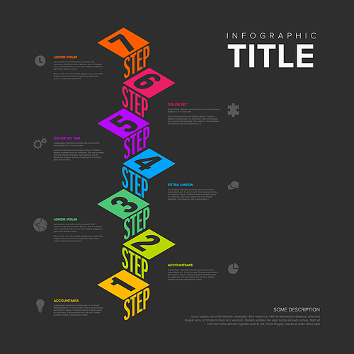 Vector dark Infographic steps diagram template for workflow, business schema or procedure diagram - dark version with icons and isometry texts. Progress steps with titles descriptions and icons