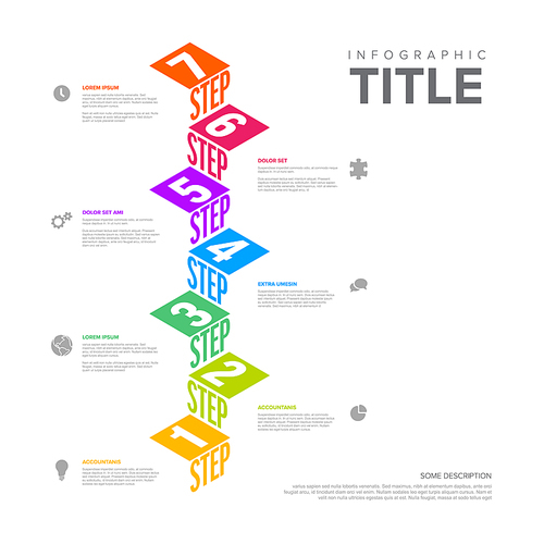 Vector Infographic steps diagram template for workflow, business schema or procedure diagram - light version with icons and isometry texts. Progress steps with titles descriptions and icons