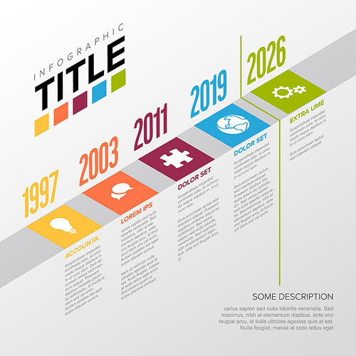 Vector Infographic time line template with icons and big years  on the edge - light version with icons and isometry texts. Milestones with titles descriptions and icons