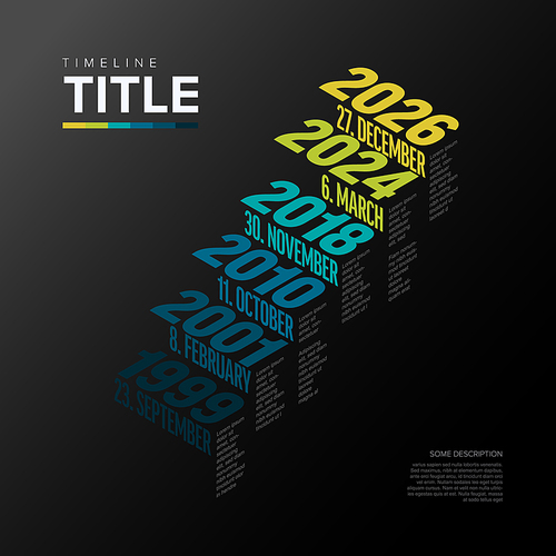 Vector dark Infographic typographic timeline report template with the biggest milestones years and description - dark blue green diagonal version with isometry 3d steps as years