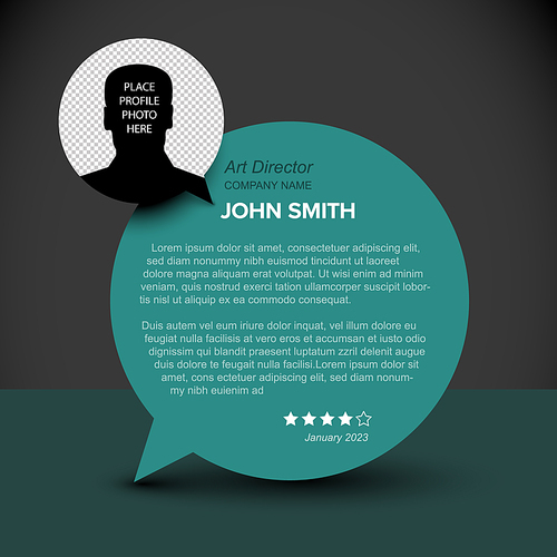 Simple dark and teal minimalistic client user customer testimonial review card layout template with photo placeholder and sample, message in teal circle speech bubble