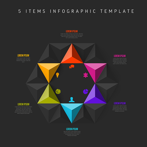 Vector multipurpose Infographic template with title and six elements options and modern colors on a dark gray background with icons and big pyramid triangle arrows in hexagon shape