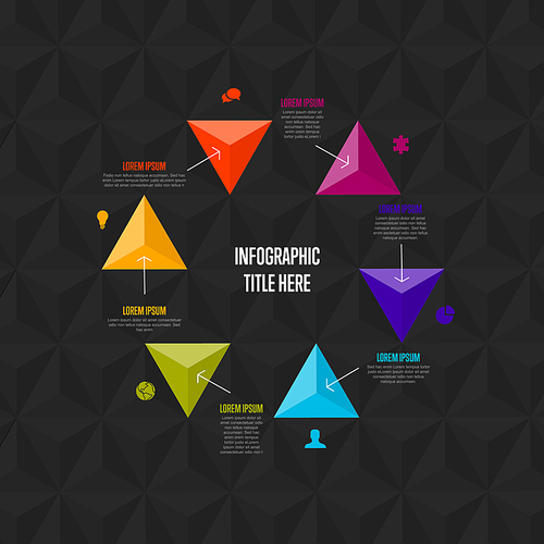 Vector multipurpose Infographic cycle template with title and six elements options and modern colors on a dark gray background with icons and big pyramid triangle arrows in cycle