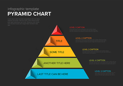 Vector Infographic stipe layers template with five levels - color pyramid template on dark gray  background with icons, triangle pyramids and descriptions