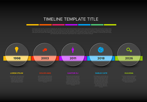 Vector dark color time line with icons in five semi transparent matt glass circles template  with icons, descriptions and rainbow colorful arrows timeline in the dark gray background.