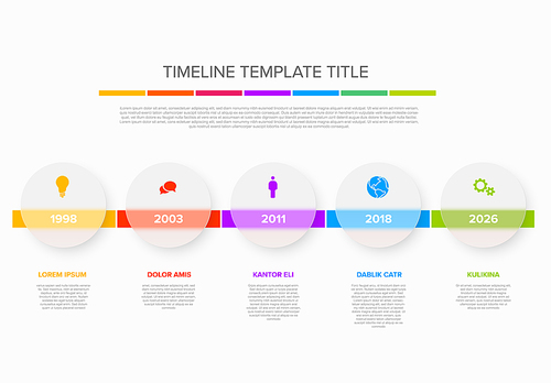 Vector light color time line with icons in five semi transparent matt glass circles template  with icons, descriptions and rainbow colorful arrows timeline in the white background.