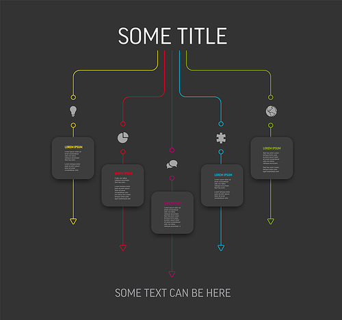 Vector dark Infographic template with dark gray rounded square cards with icons titles and descriptions. Simple minimalistic time line steps template with color lines