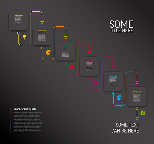 Vector dark Infographic template with white rounded square cards in diagonal order with icons titles and descriptions. Simple minimalistic time line steps template with color lines