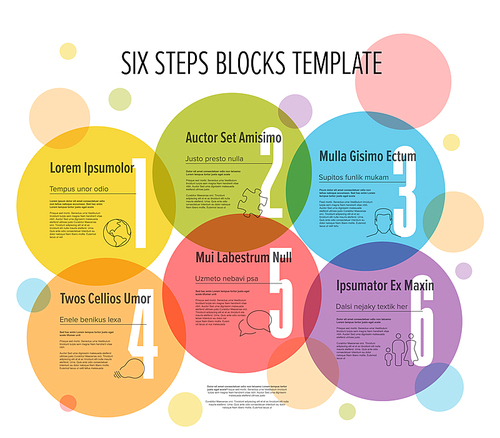 Light cycle progress steps template with descriptions icons and big color numbers on circles. Multipurpose progress infochart template with pastel color circles.